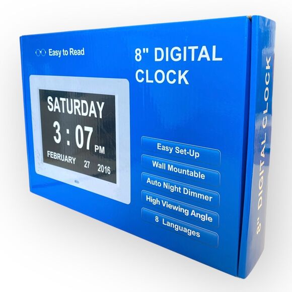 Dementia Clock Digital Clock w/ Dimmer 8 Inch White Wall Mountable Stand Plug In - Picture 4 of 9